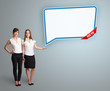 young women presenting modern speech bubble copy space