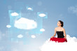 Photo: Happy girl looking at modern cloud network Happy girl looking at modern cloud network