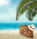 Vintage beautiful seaside background with suitcase and a hat. Ve