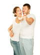 Young man and woman together over white background