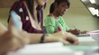 Portrait of happy student writing, black woman smiling