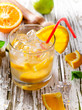 Summer drinks on vintage wooden background