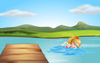 A girl swimming at the beach with a diving board