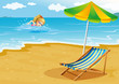 A girl swimming at the beach with a chair and an umbrella at the