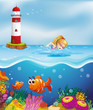 A girl swimming near the lighthouse