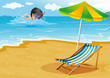A boy swimming at the beach with an umbrella and a foldable bed