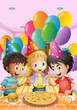 Vektor: Kids celebrating a birthday with a pizza, burger and fries Kids celebrating a birthday with a pizza, burger and fries