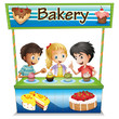 Three kids in a bakery stand with cupcakes