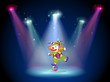 A clown dancing above the ball with spotlights