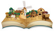 A book with an image of a village and wooden arrowboards