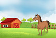 A horse in the farm with a wooden house
