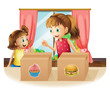 Vector: A woman and a young girl near the two boxes A woman and a young girl near the two boxes