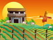 A farm with cows and a scarecrow
