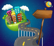 A road going to the city with a wooden arrow