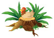 A chicken above a stump