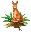 A kangaroo standing on a stump with leaves