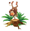 A lion doing a handstand on a stump with leaves