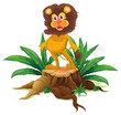 A lion standing on a stump with leaves