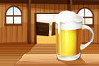 A table with a mug full of beer