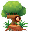 A lion and a bird under the tree with an empty sign