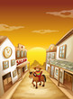 A boy riding in a horse outside the saloon