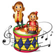 Two monkeys above a big drum