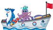 Sea creatures riding on a boat with flag