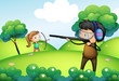 Vector: A hill with a boy and a girl practicing A hill with a boy and a girl practicing