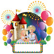 A prince and a princess in front of a castle with an empty signa