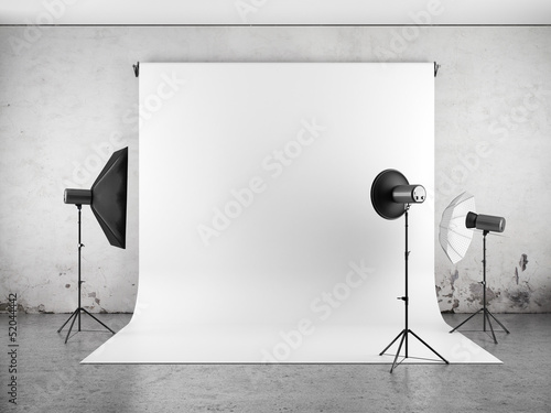 Illustration: Empty photo studio with lighting equipment Empty photo studio with lighting equipment