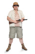 Park ranger or bodyguard dressed in a safari suit with shotgun.