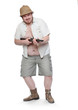 Funny obese hunter aiming with shotgun.