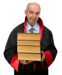 Senior judge carrying law books isolated on white