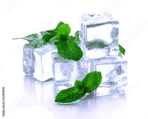 Photo: Ice cubes with mint isolated on white Ice cubes with mint isolated on white