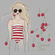 Vektor: Summer time / Young girl in striped swimsuit with cherries Summer time / Young girl in striped swimsuit with cherries