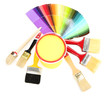 Set for painting: paint pots, brushes, palette of colors
