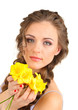 Young woman with beautiful hairstyle and flowers, isolated