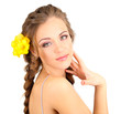Young woman with beautiful hairstyle and flowers, isolated