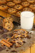 Chocolate cookies on the baking with glass of milk close up