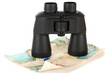 Black modern binoculars with map of adventure isolated on white