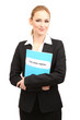 Portrait of teacher woman with class register, isolated on