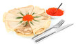 Delicious pancakes with red caviar isolated on white