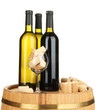 Wine and corks on barrel isolated on white