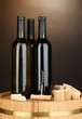 Wine and corks on barrel on brown background