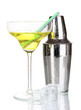 Cocktail shaker and cocktail isolated on white