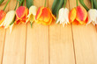 Beautiful white and orange tulips on wooden background