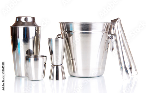 Photo: Cocktail shaker and metal ice bucket isolated on white. Cocktail shaker and metal ice bucket isolated on white.