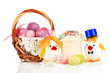 Easter eggs and two chicken toys isolated on white