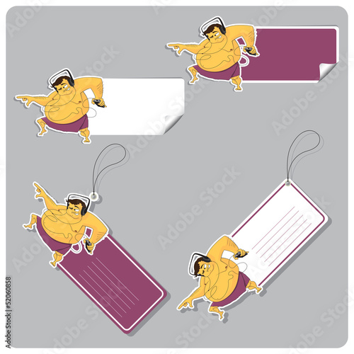 Vector: Vector set of tags and stickers with dancing fat man. Vector set of tags and stickers with dancing fat man.