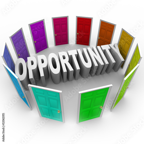 Illustration: Opportunity Word Doors Open to Big Chance for New Future Opportunity Word Doors Open to Big Chance for New Future
